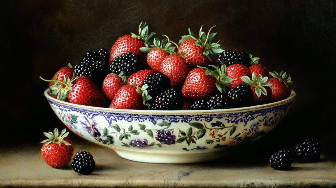 Still life painting of a decorative bowl filled with ripe strawberries and blackberries on a wooden surface