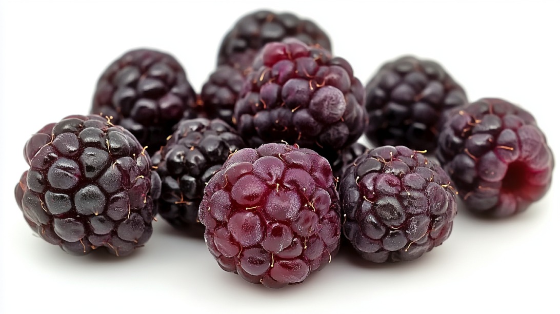 Close-up of fresh black raspberries on a white background