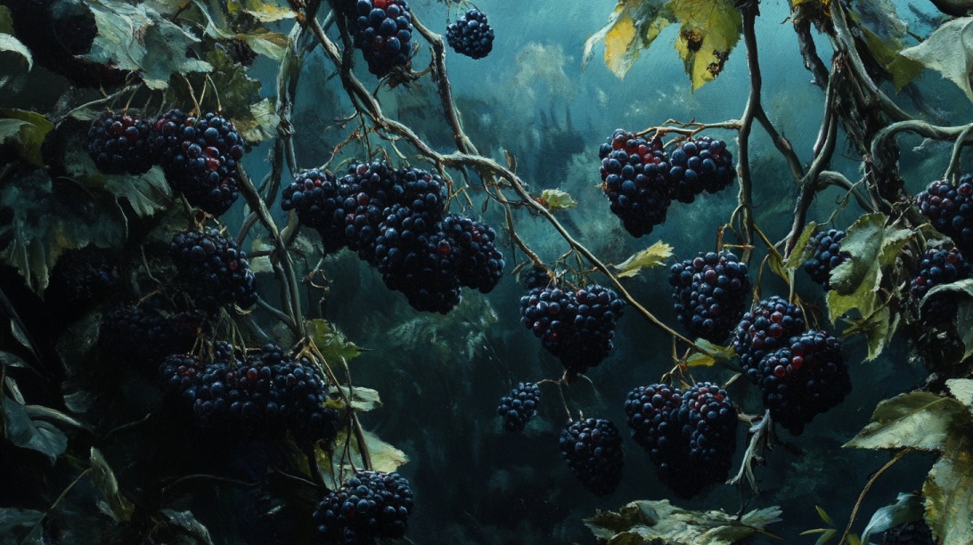 Dark, atmospheric painting of ripe blackberries hanging from tangled vines with deep green foliage