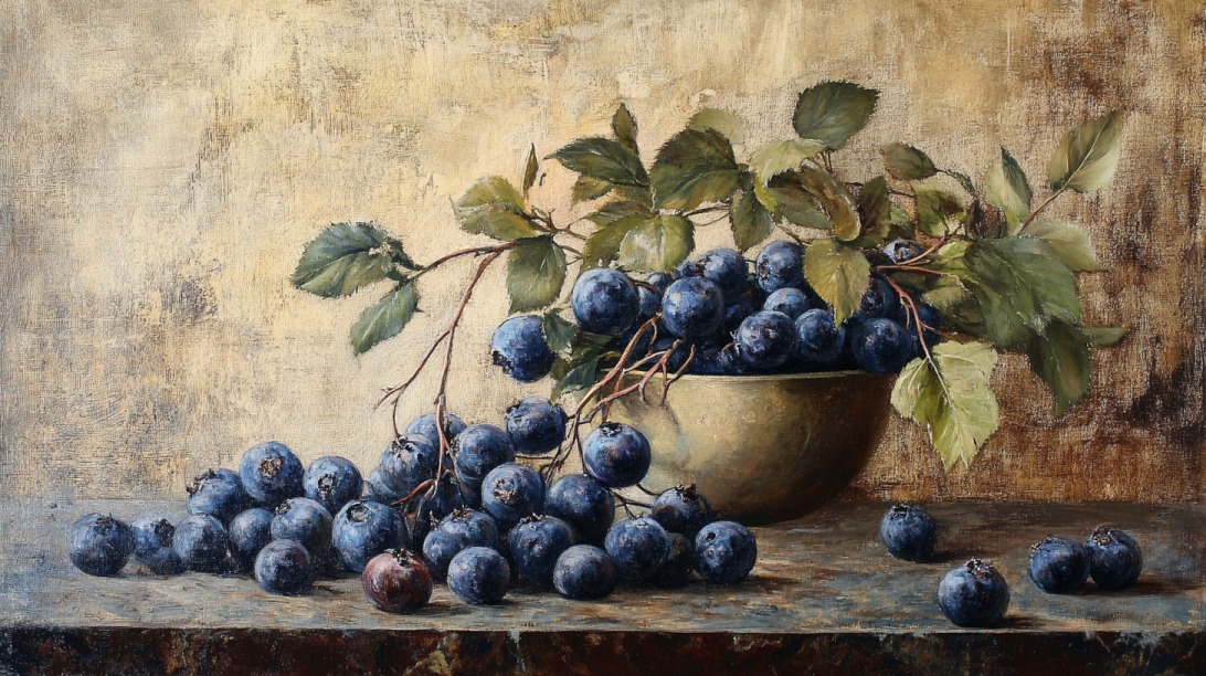 Still life painting of a bowl overflowing with ripe blueberries and leafy branches on a rustic surface