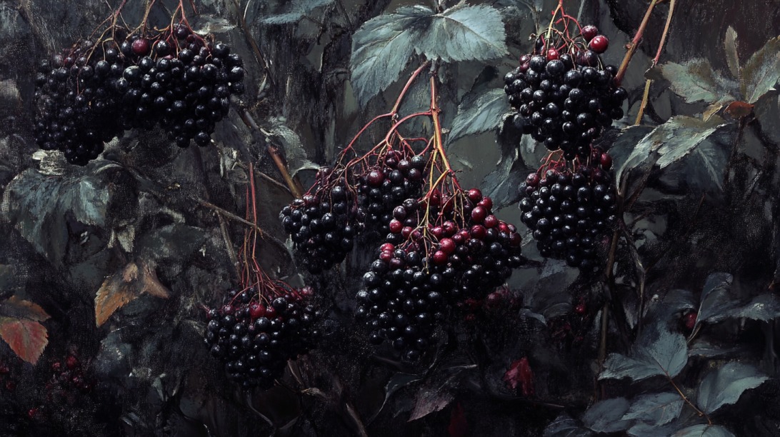 Dark-toned painting of elderberry clusters growing on branches among moody green foliage