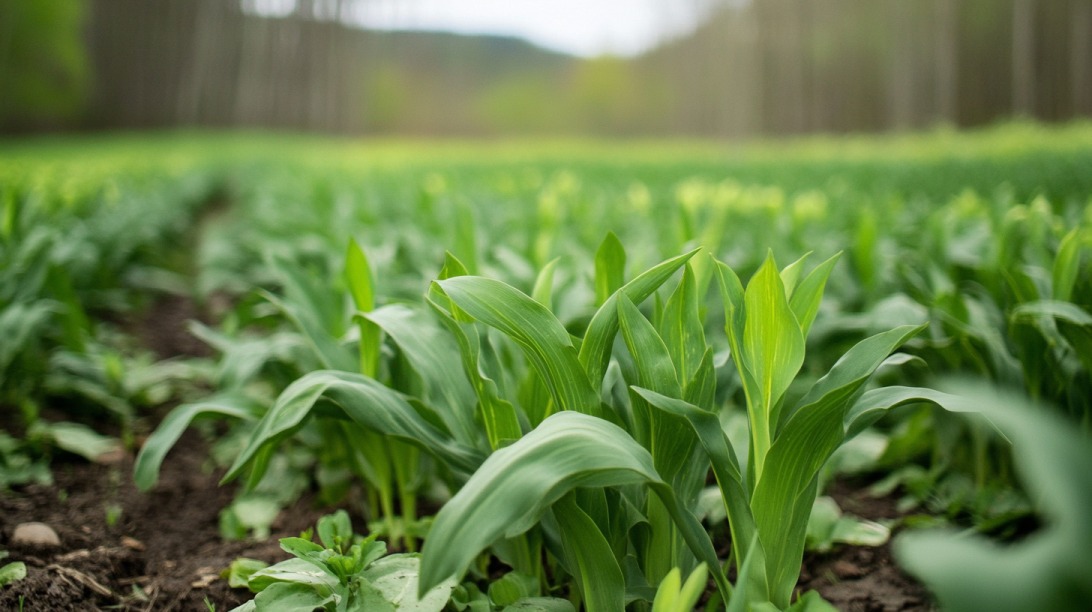 Close-up of wild ramp (Allium tricoccum) leaves in a green field, with trees softly blurred in the background