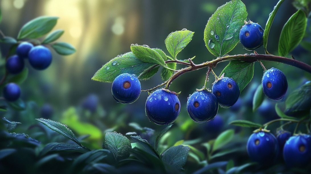 Close-up of ripe huckleberries on a branch, covered in dew, with lush green forest in the background