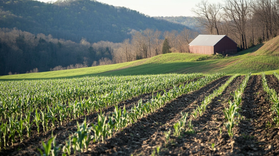 Rolling Appalachian farmland with young green crops in rows and a red barn near a wooded hillside