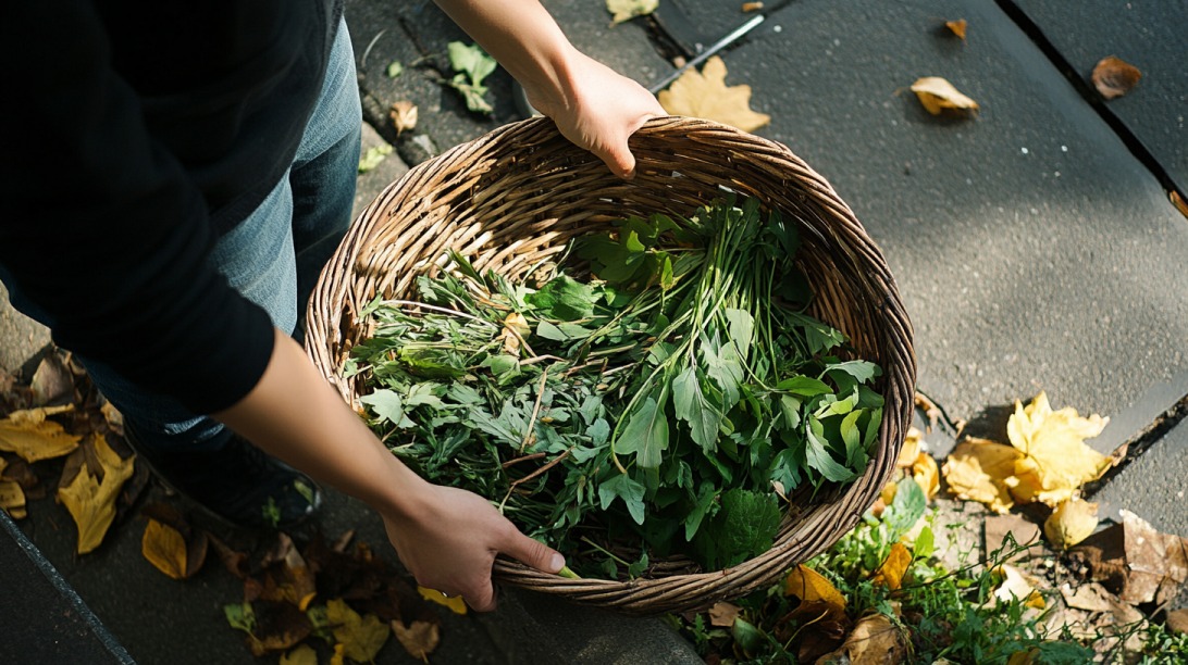 Person holding a woven basket filled with freshly foraged wild greens, standing near fallen autumn leaves on a city sidewalk