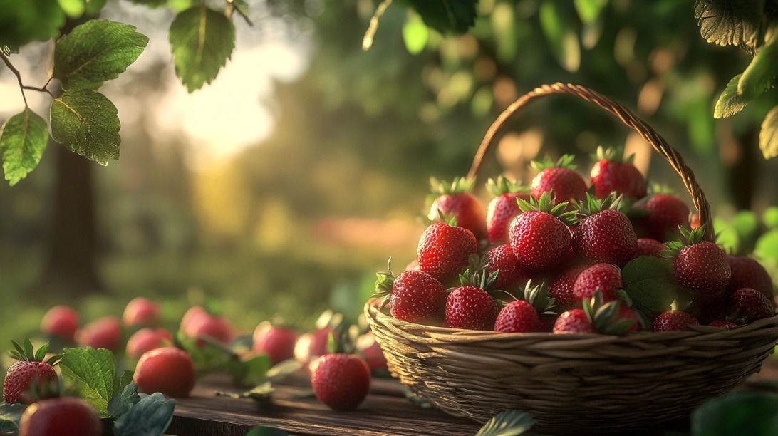 A basket of ripe wild strawberries on a wooden surface in a sunlit garden
