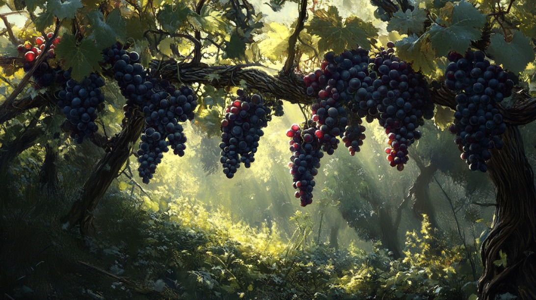 Clusters of wild grapes hanging from thick, twisting vines in a sunlit forest clearing