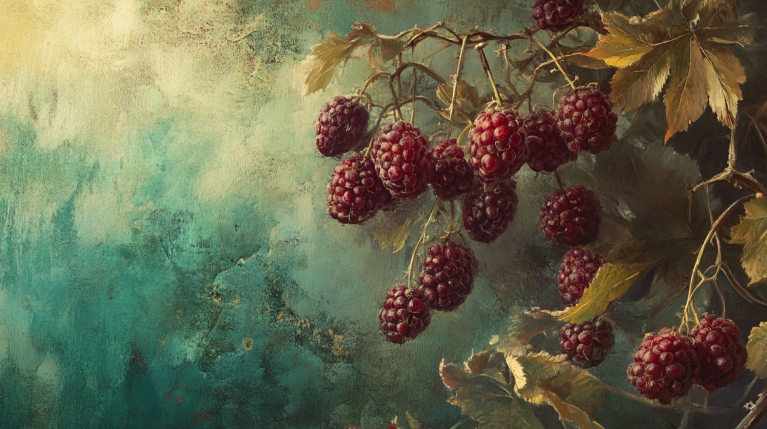 Artistic still life of wineberries on the vine, set against a textured teal and gold background